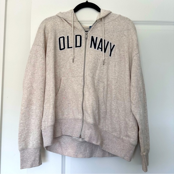 Old Navy (M) Heathered Cream with Navy Logo Oversized Zip Up Hoodie - Picture 1 of 7